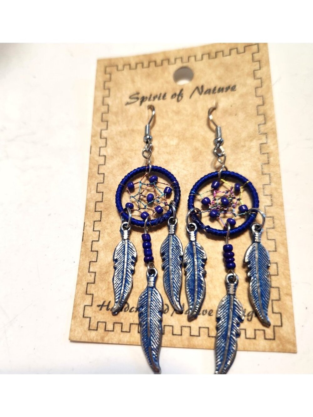 Spirit of Nature Dreamcatcher Southwestern Earrings Blue Beaded Hoop Feathers